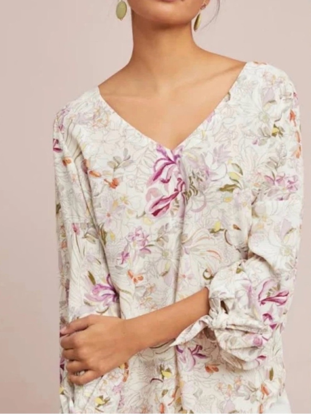 Maeve Anthropologie Floral Tie-Cuff Long Sleeve Floral Blouse Pink White Sz S
